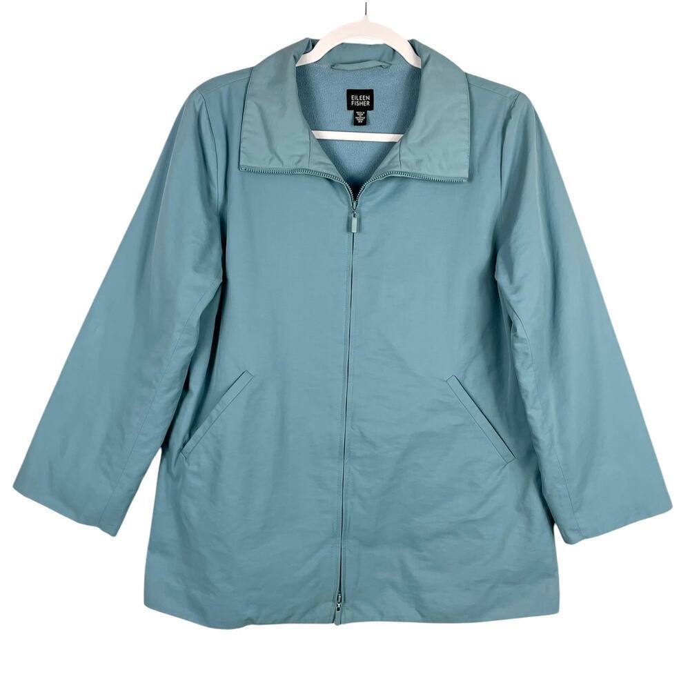 Eileen Fisher Stand Collar Coat XS Aquamarine Blue Full Zip Casual Minimalist